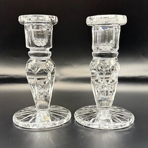 Vintage Cut Crystal Taper Candlestick Holders - Pair - Starburst Base